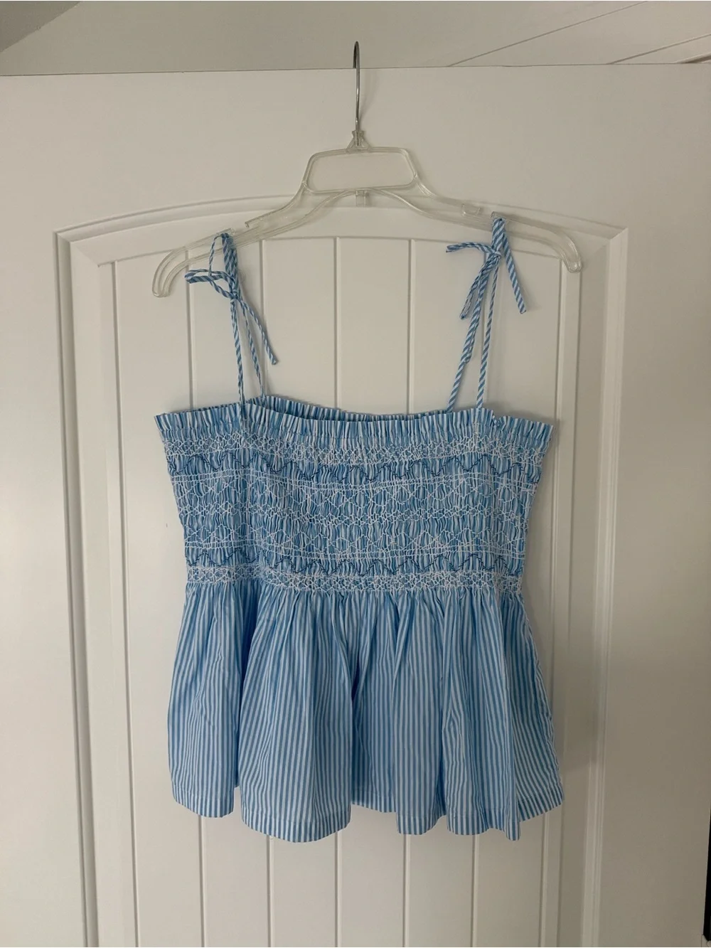 J. Crew Light Blue Striped Smocked Peplum Tank